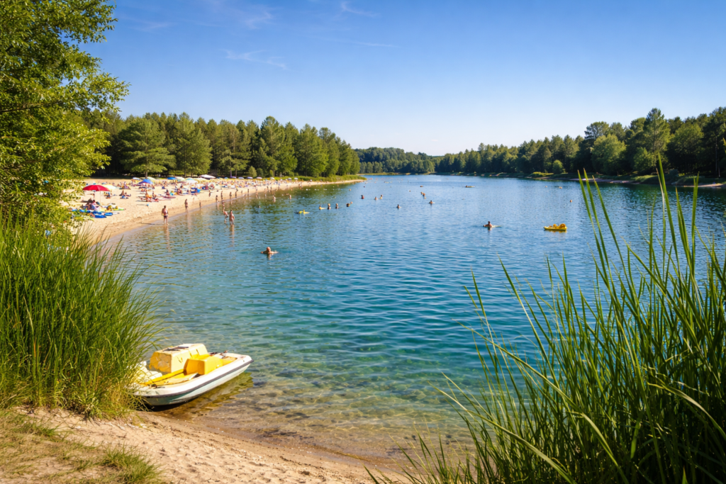 Jezero Ovčáry u Autokempu Kačer – písčitá pláž a koupání